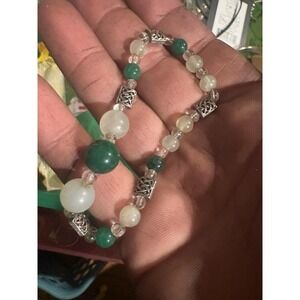 Handcrafted Moonstone Aventurine Beaded Bracelet Silver Tone Celtic Knot Boho